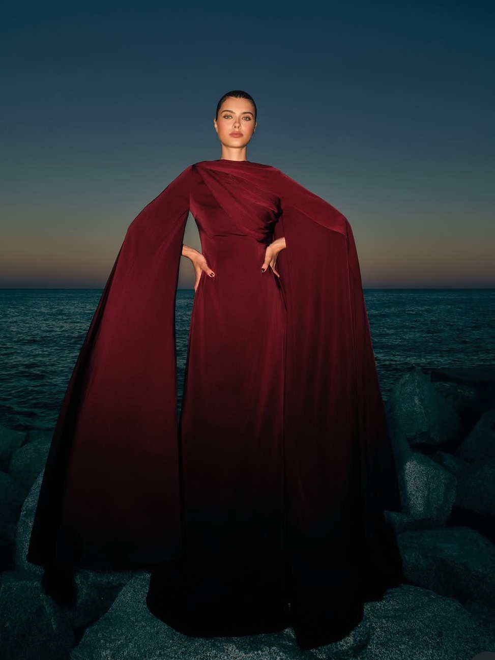 New Nwt Khanums Korello Satin Cape Sleeve Maxi Dress Red Burgundy — image 2 of 8
